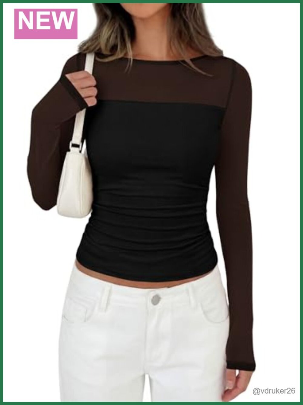 Sheer Mesh Long Sleeve Ruched Boat Neck Fitted Top